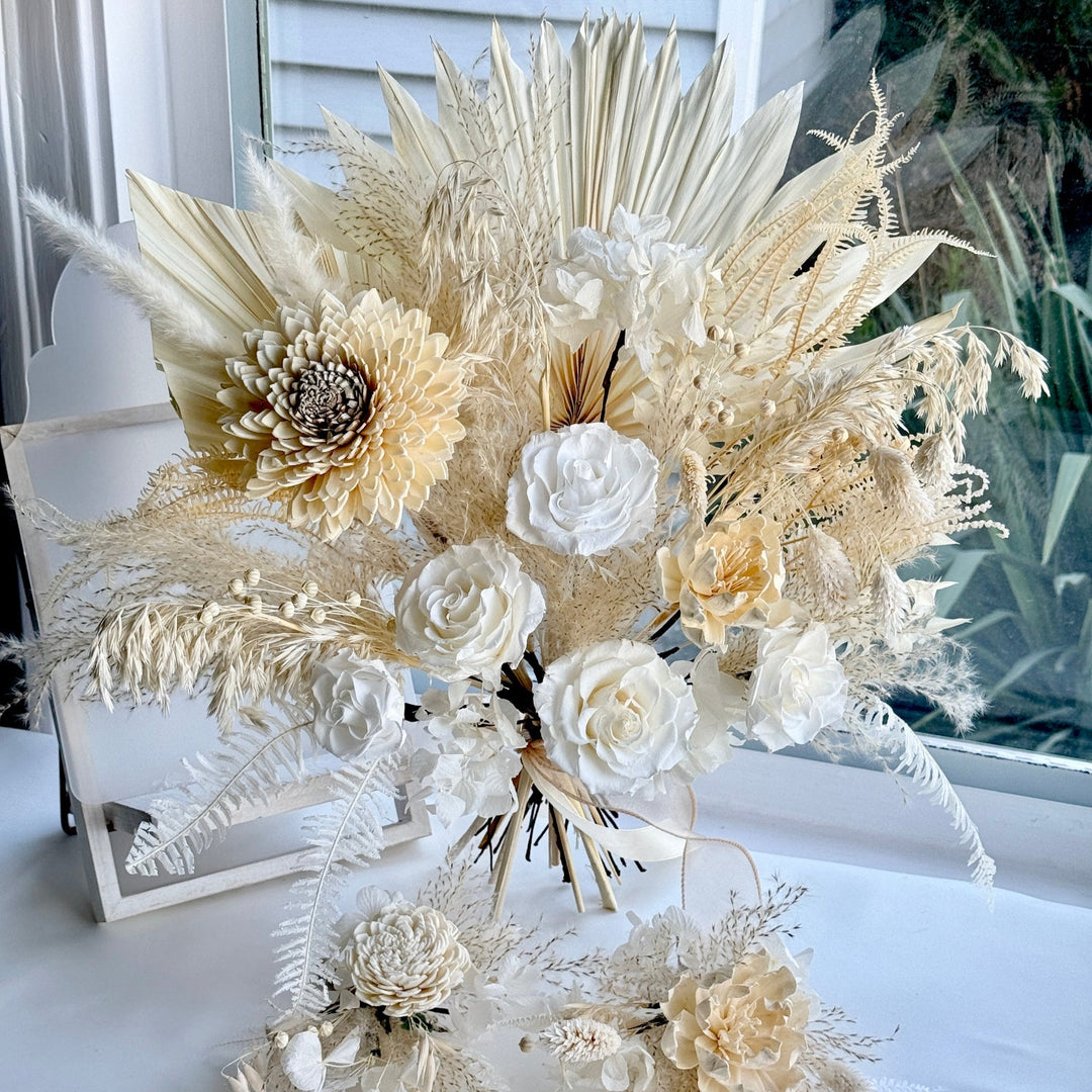 Preserved ivory bridal bouquet styled for a minimal boho wedding