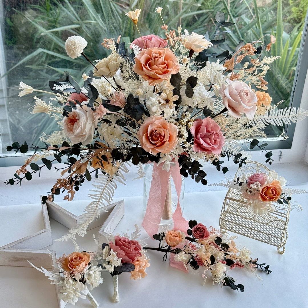 Coral blush Luxury preserved bridal bouquet set styled for a romantic wedding ceremony
