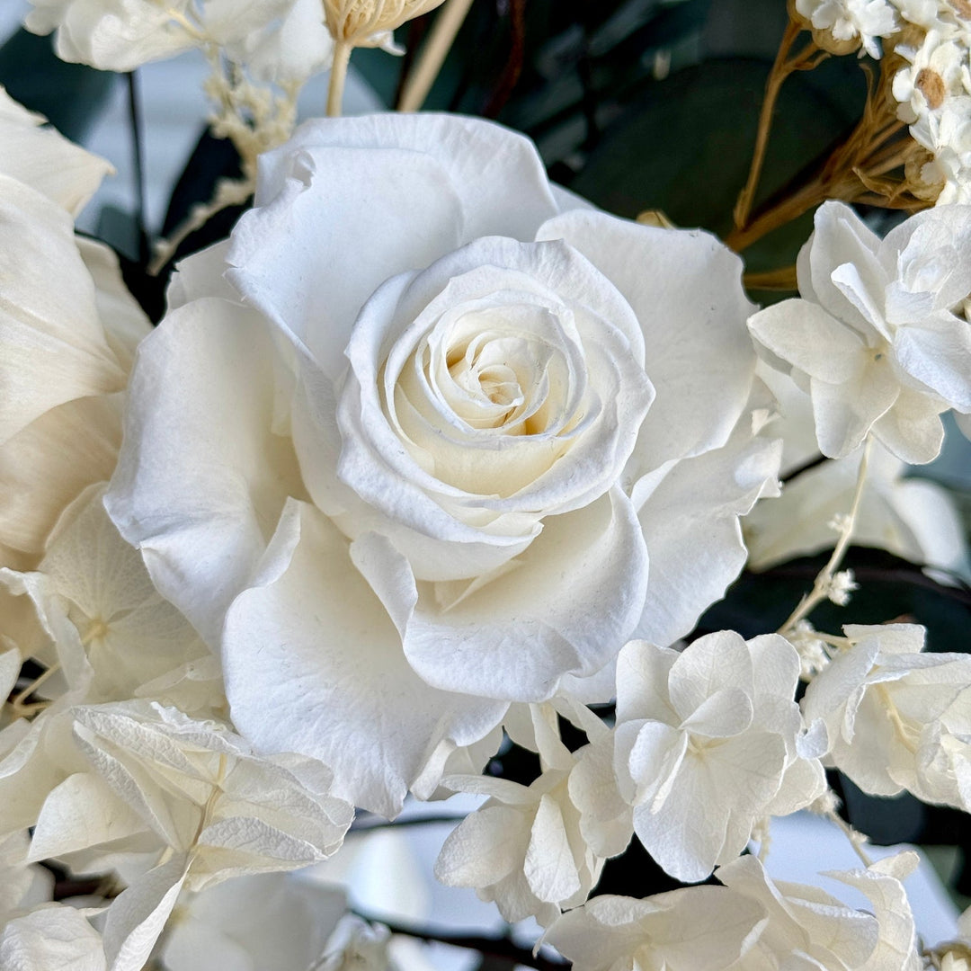 Close-up of an ivory preserved rose with soft layered petals