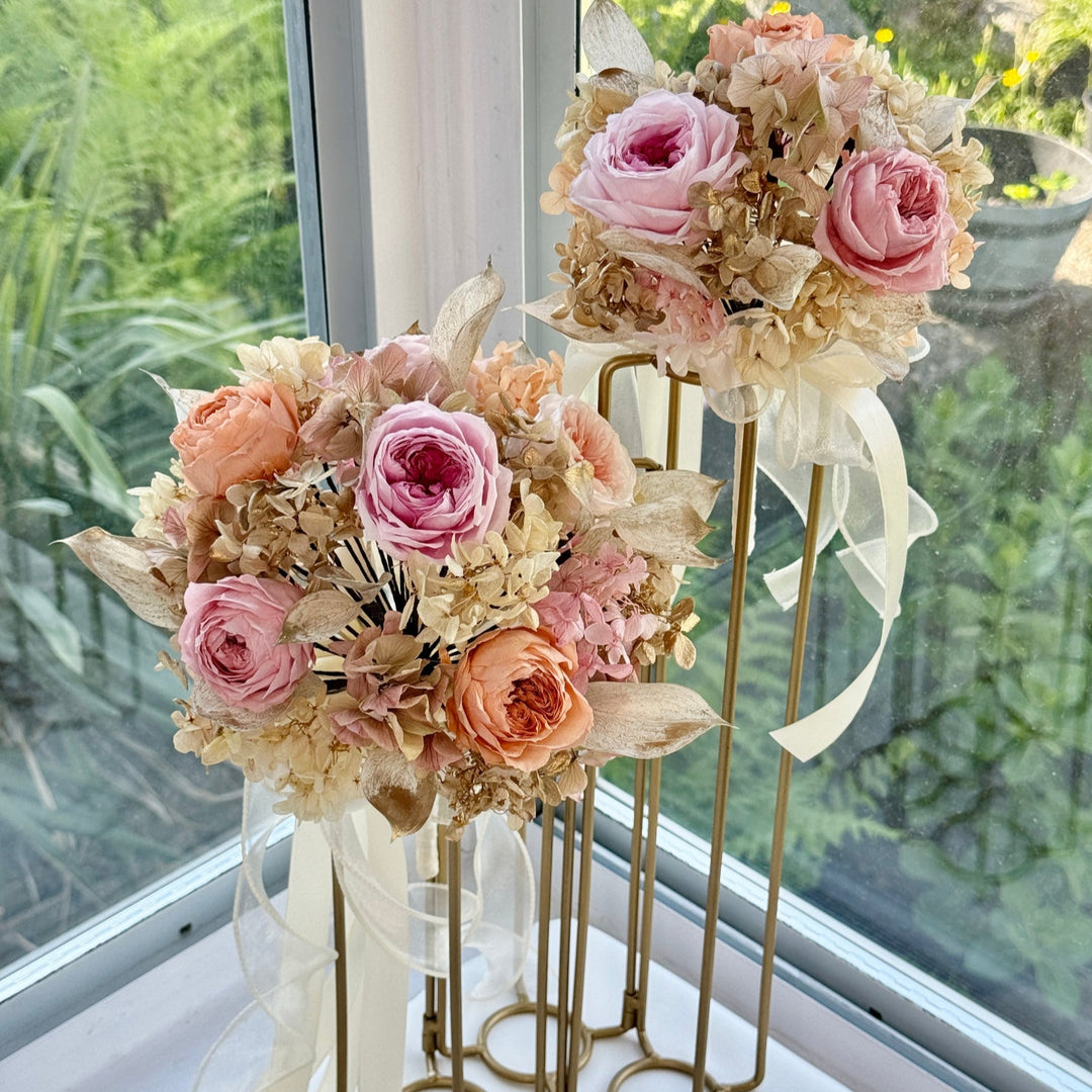 Side view of romantic preserved bridal bouquet with soft rounded shape