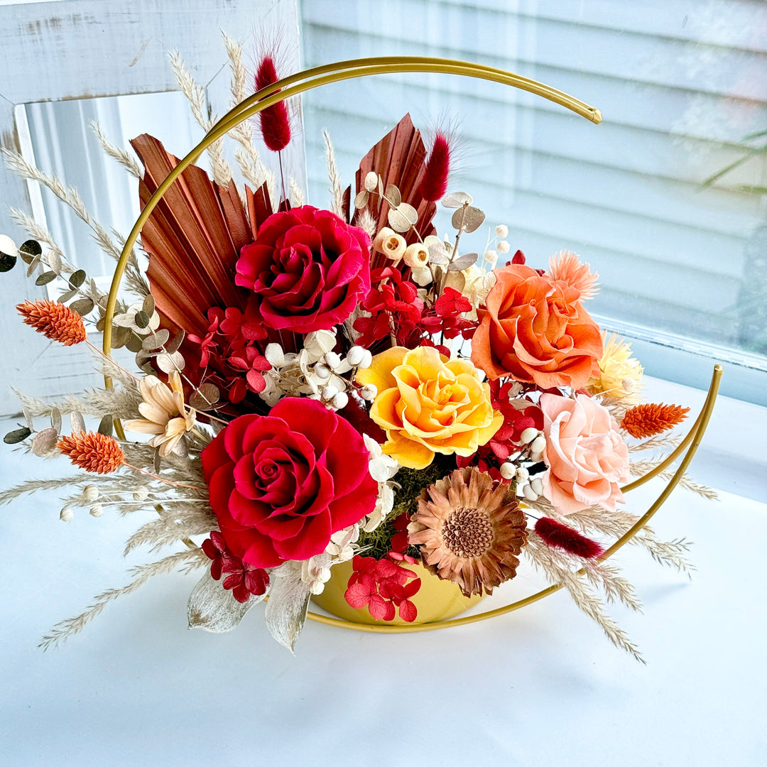 Radiant Bloom Preserved Flower Arrangement – Golden Hoop Design