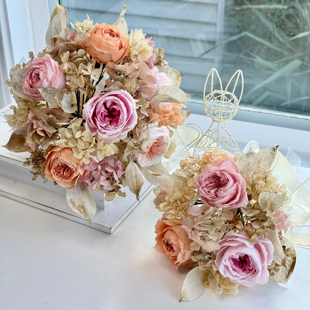 Matching preserved bridesmaid bouquet designed to complement the bridal bouquet