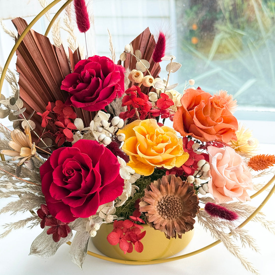Radiant Bloom Preserved Flower Arrangement – Golden Hoop Design