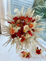 Load image into Gallery viewer, Preserved bohemian bridal bouquet displayed with matching floral accessories in warm autumn-inspired colors