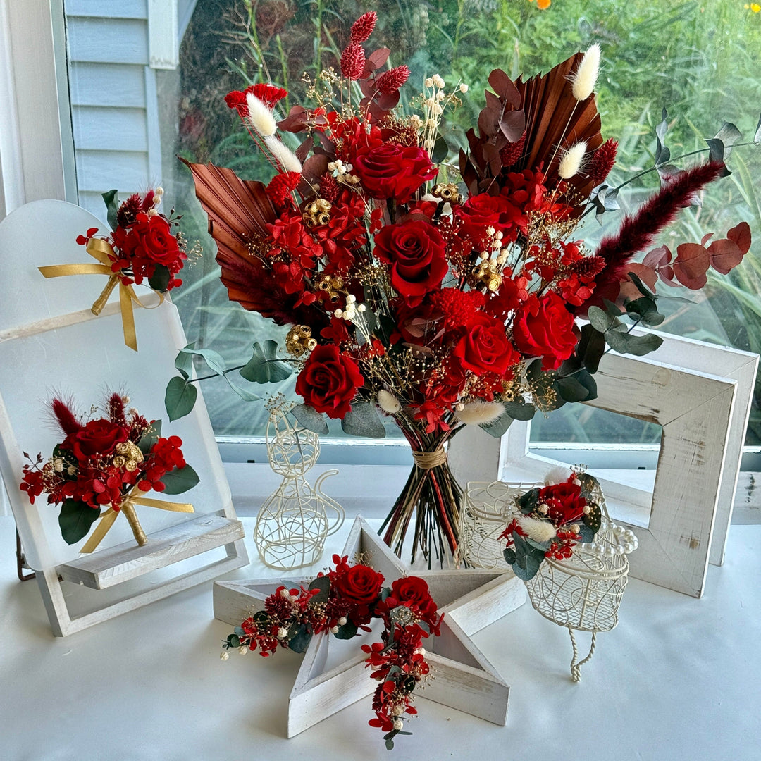 preserved red bridal bouquet styled for winter wedding