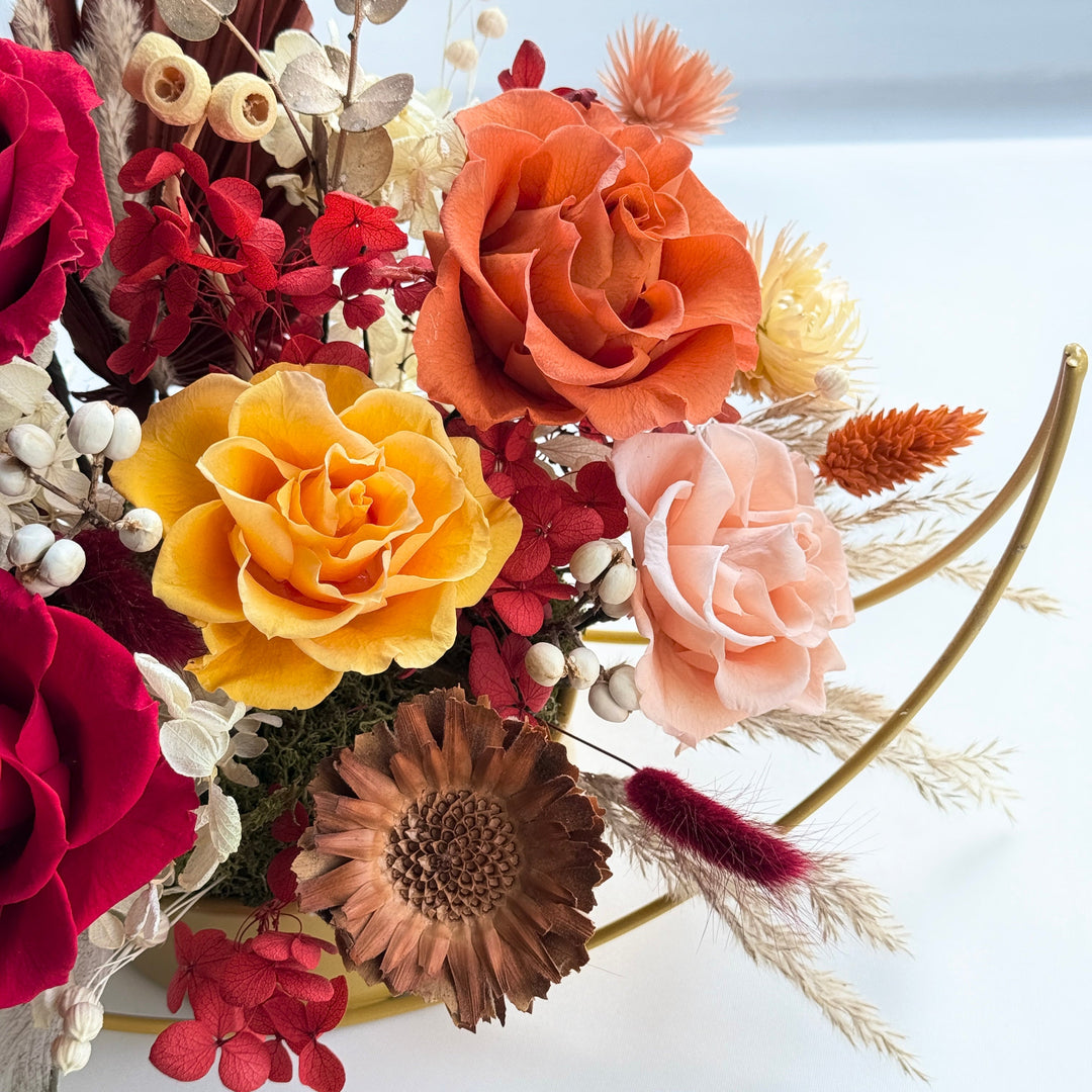 Radiant Bloom Preserved Flower Arrangement – Golden Hoop Design