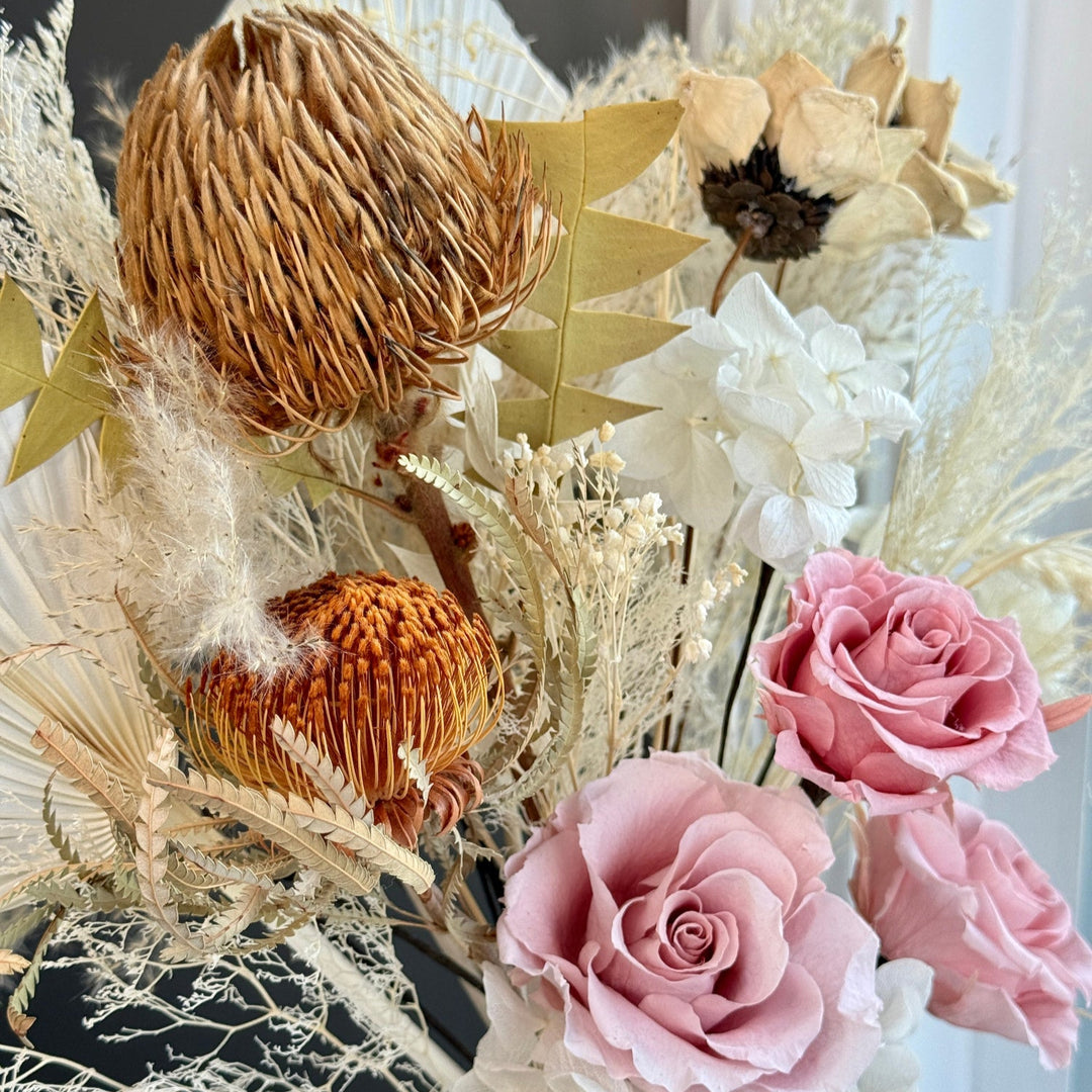 Dusty Pink Rose & Palm – Boho Preserved Bridal Bouquet