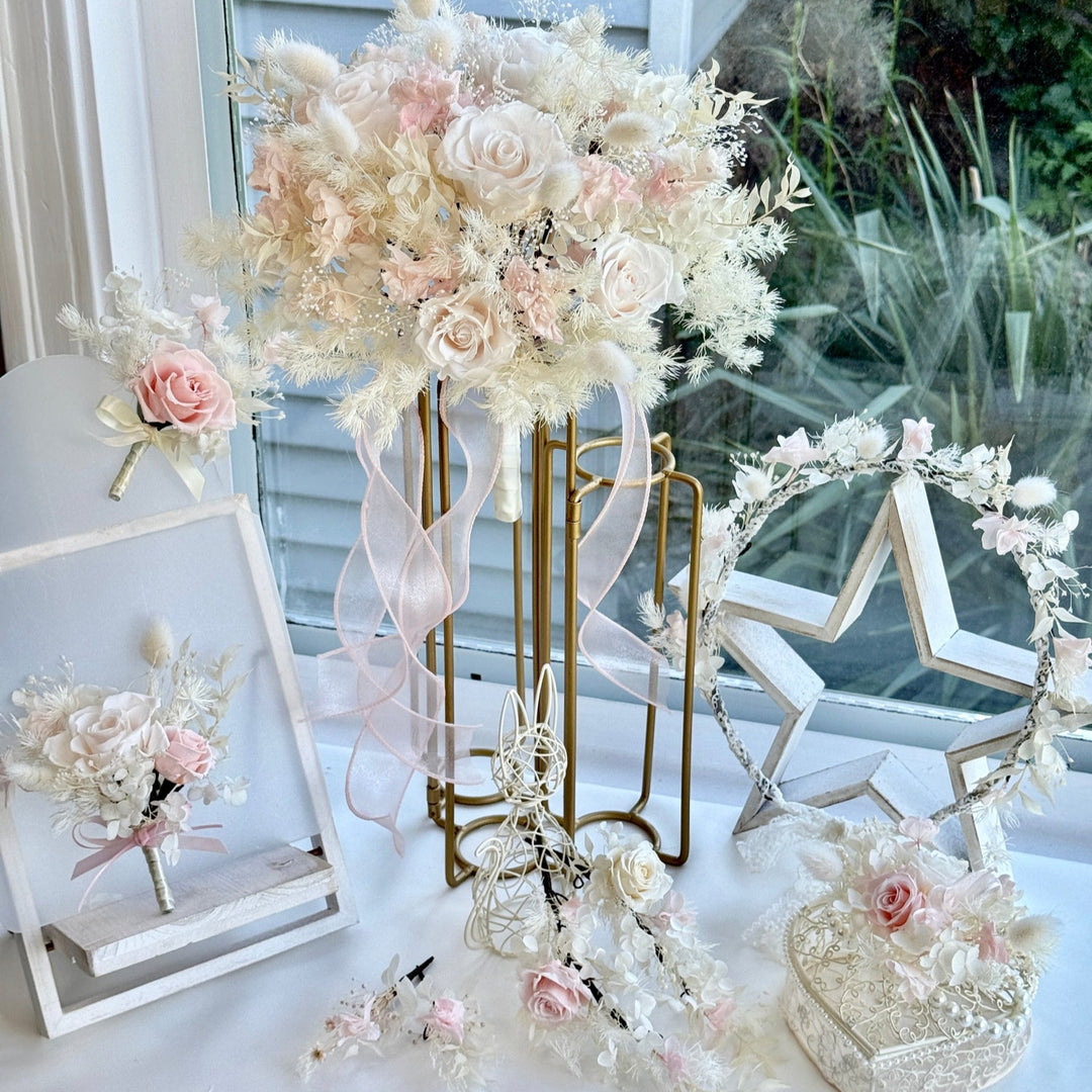 Preserved blush and ivory bridal bouquet  with matching boutonniere and wedding  accessories