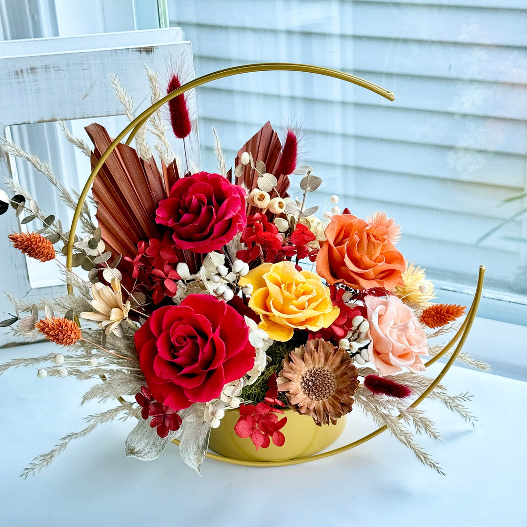 Radiant Bloom Preserved Flower Arrangement – Golden Hoop Design