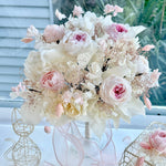 Load image into Gallery viewer, Front view of blushing garden rose preserved bridal bouquet with soft blush and ivory tones