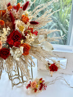 Load image into Gallery viewer, Close-up view of a bohemian preserved wedding bouquet highlighting layered florals and textured dried elements