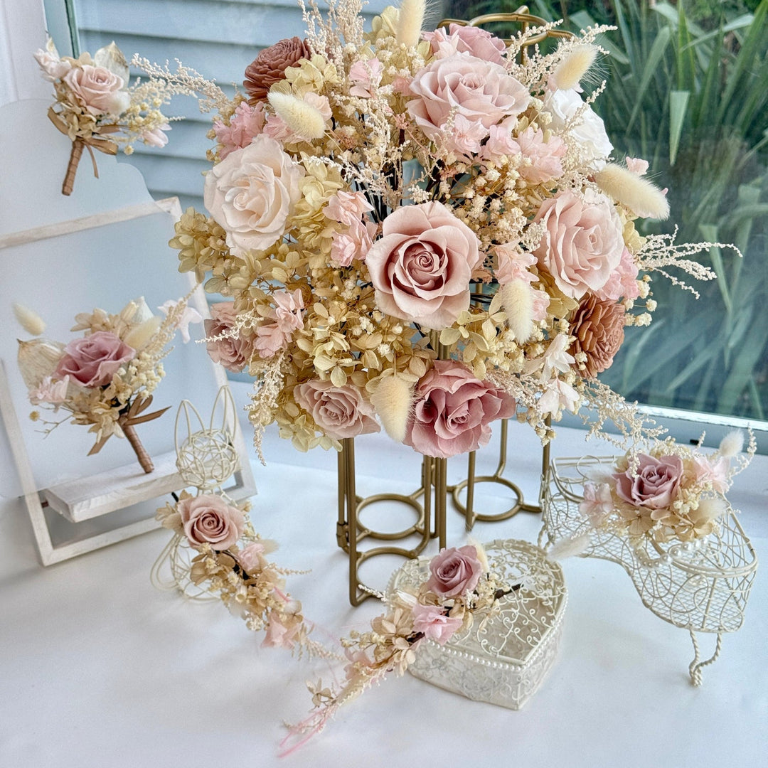 Preserved bridal bouquet styled for a romantic garden wedding ceremony