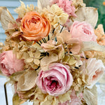 Load image into Gallery viewer, Detail of preserved garden roses and soft fillers in blush bridal bouquet