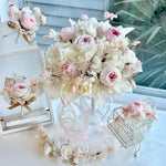 Load image into Gallery viewer, Blushing garden rose preserved bridal bouquet displayed with matching boutonniere and accessories