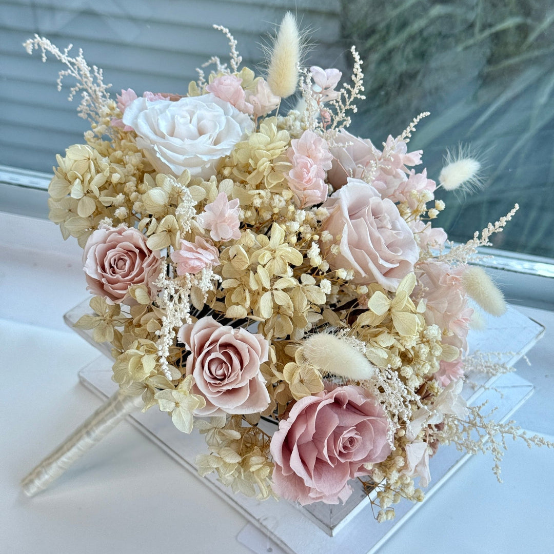 Preserved nude pink bridal bouquet with full floral composition