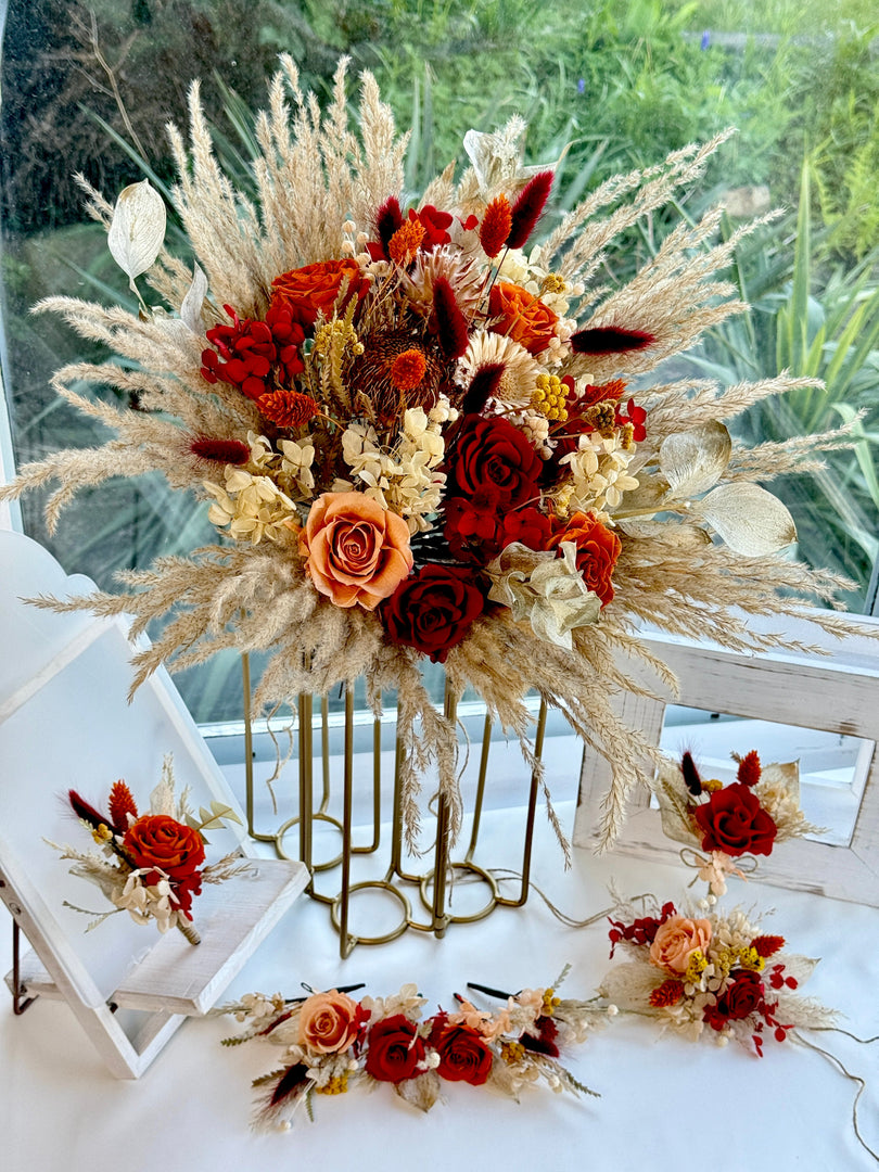 Boho-style preserved bridal bouquet set, arranged with pampas grass, bunny tails, and vibrant warm-toned florals
