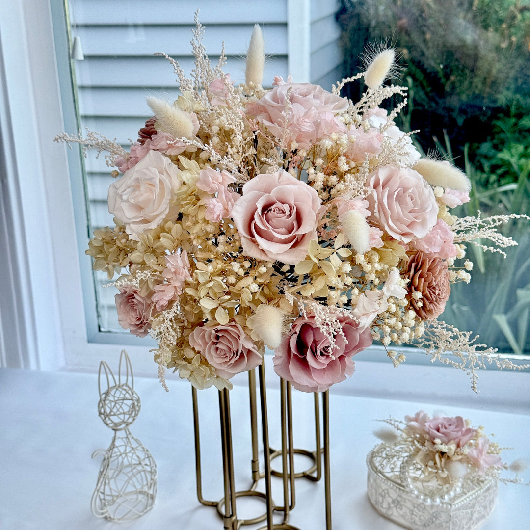 Luxury preserved bridal bouquet with nude blush roses and champagne hydrangeas
