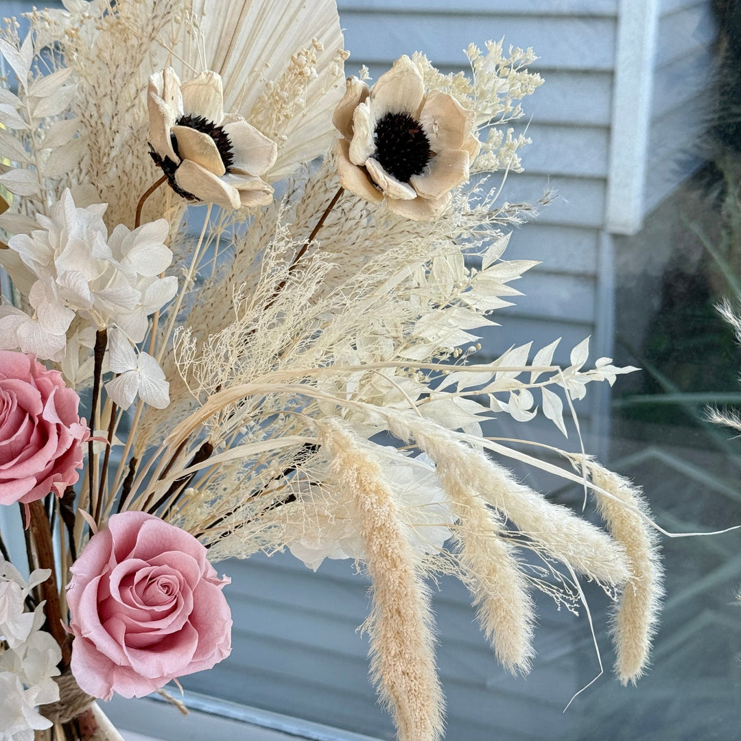 Dusty Pink Rose & Palm – Boho Preserved Bridal Bouquet