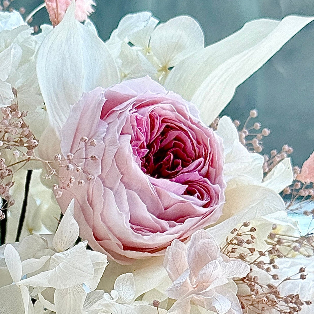 Detail of blush pink preserved garden rose with dried florals and soft petals