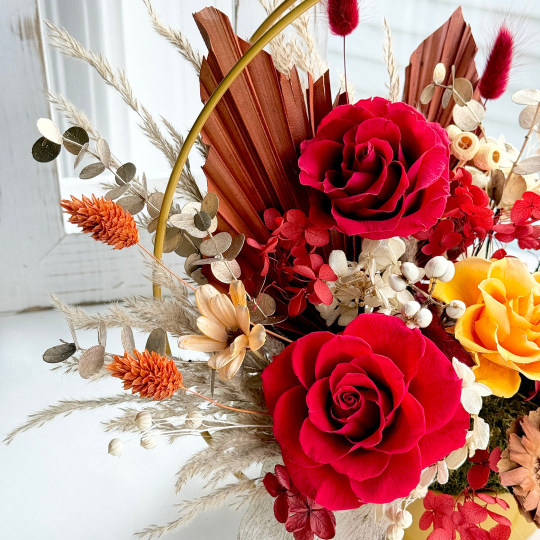 Radiant Bloom Preserved Flower Arrangement – Golden Hoop Design