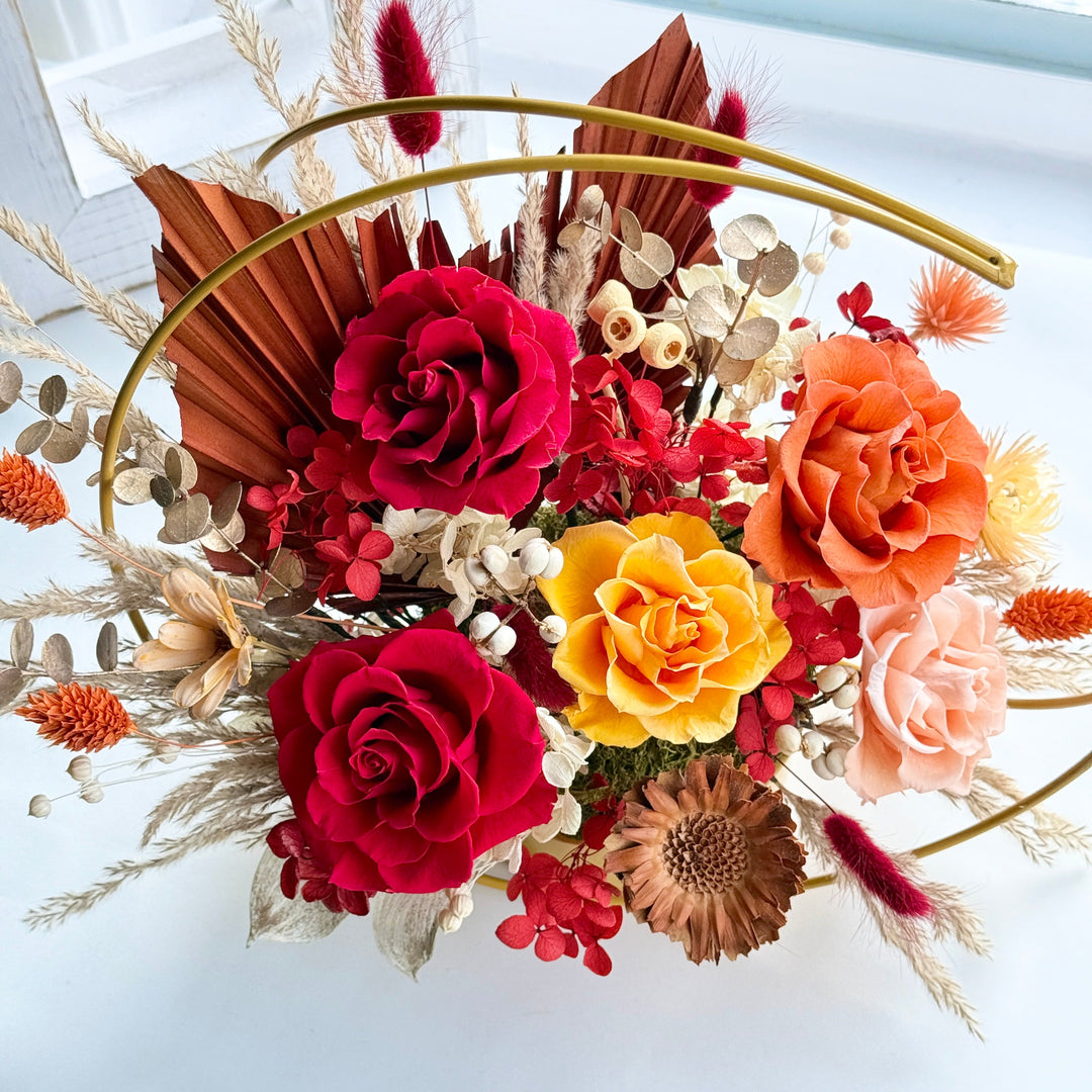 Radiant Bloom Preserved Flower Arrangement – Golden Hoop Design