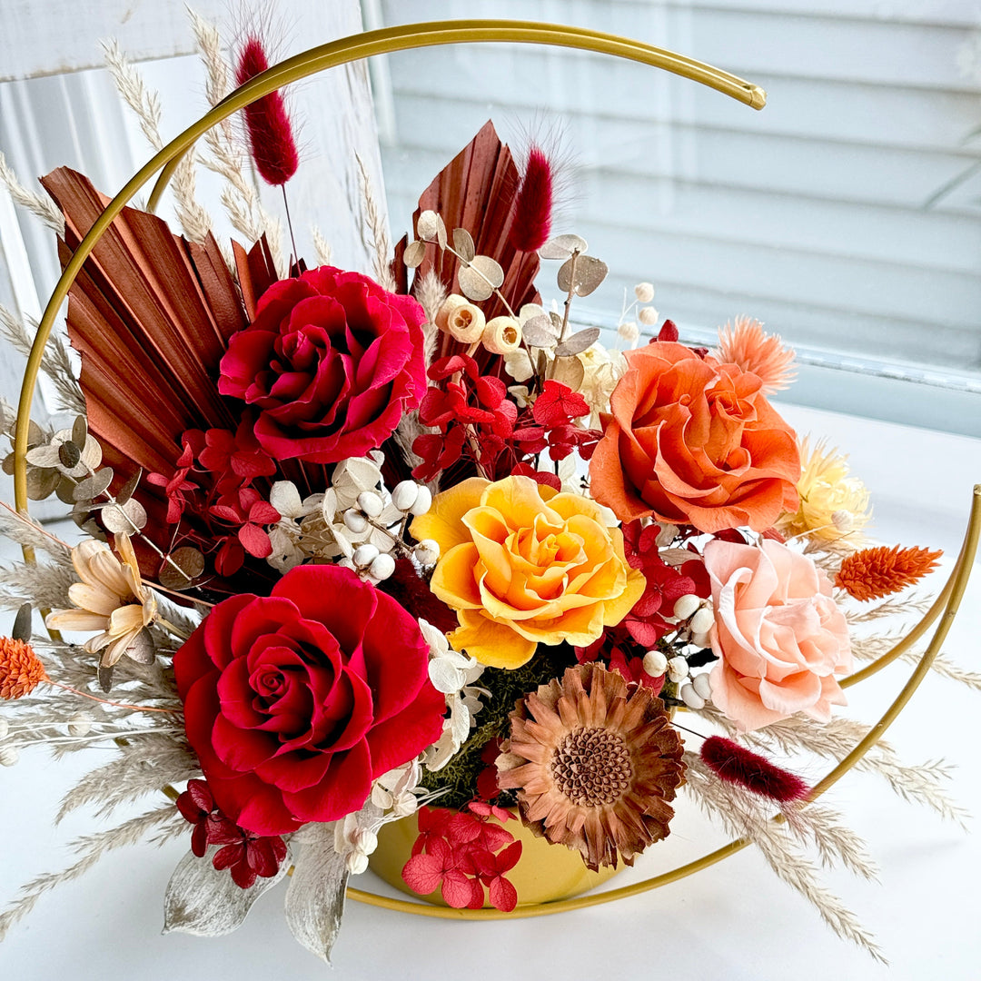 Radiant Bloom Preserved Flower Arrangement – Golden Hoop Design