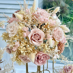 Load image into Gallery viewer, Close view of preserved bridal bouquet with blush roses and dried textures