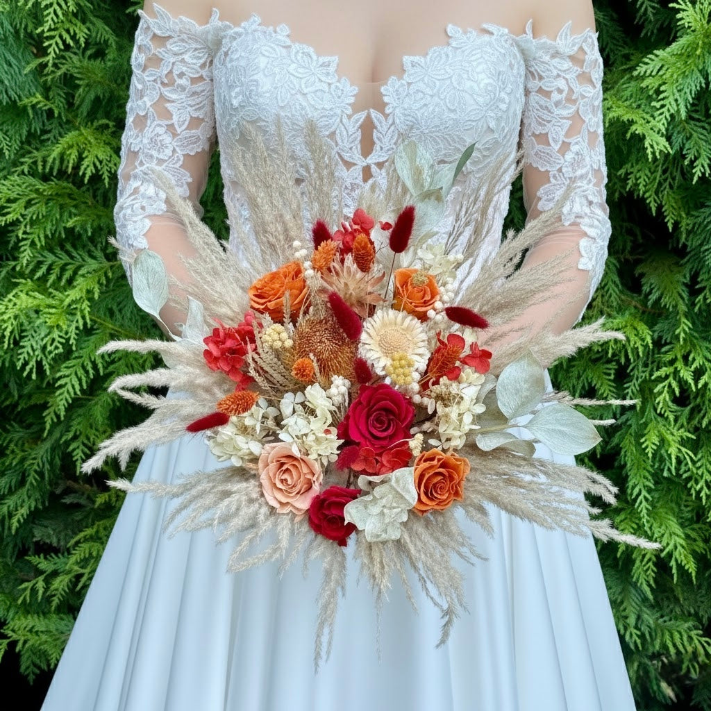Bride holding a bohemian flame preserved bridal bouquet with bold red, orange, and golden neutral florals