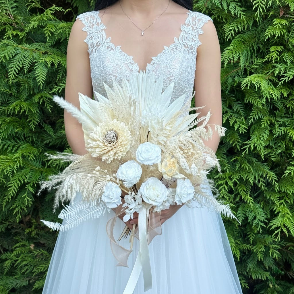 Bride holding a preserved ivory bridal bouquet in a boho wedding style
