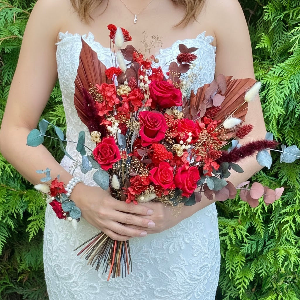 bride holding a luxury preserved red bridal bouquet with roses and palm leaves