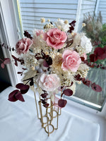 Load image into Gallery viewer, Angled side view of preserved blush rose bridal bouquet showing layered florals and natural movement
