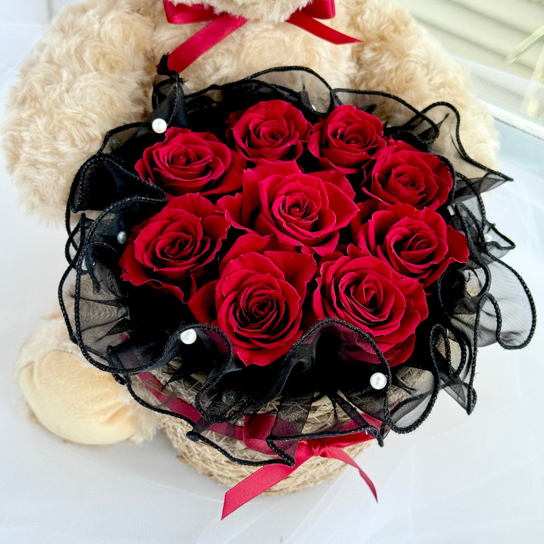 Everlasting Love - Teddy Bear Preserved Rose Arrangement