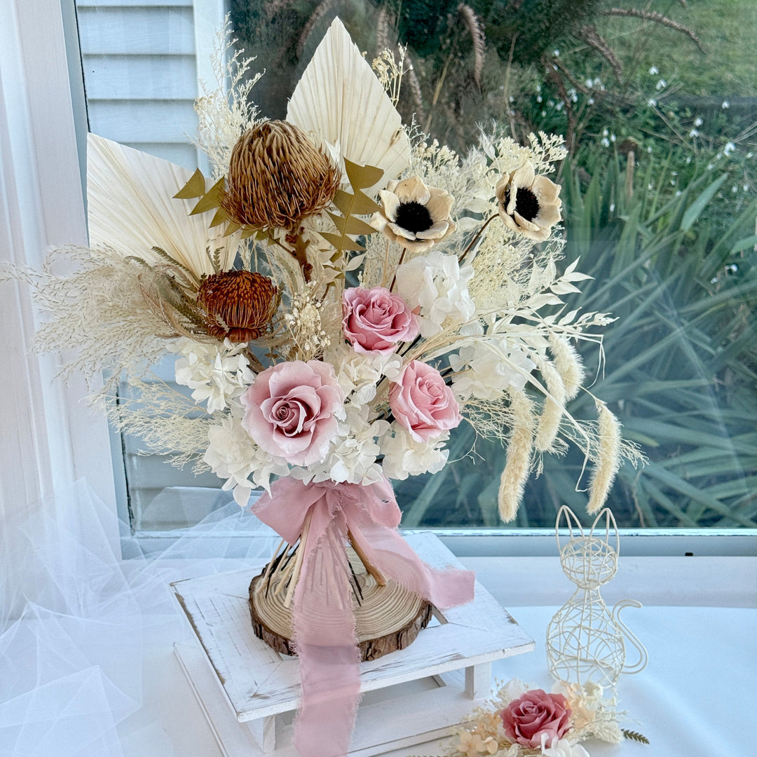 Dusty Pink Rose & Palm – Boho Preserved Bridal Bouquet
