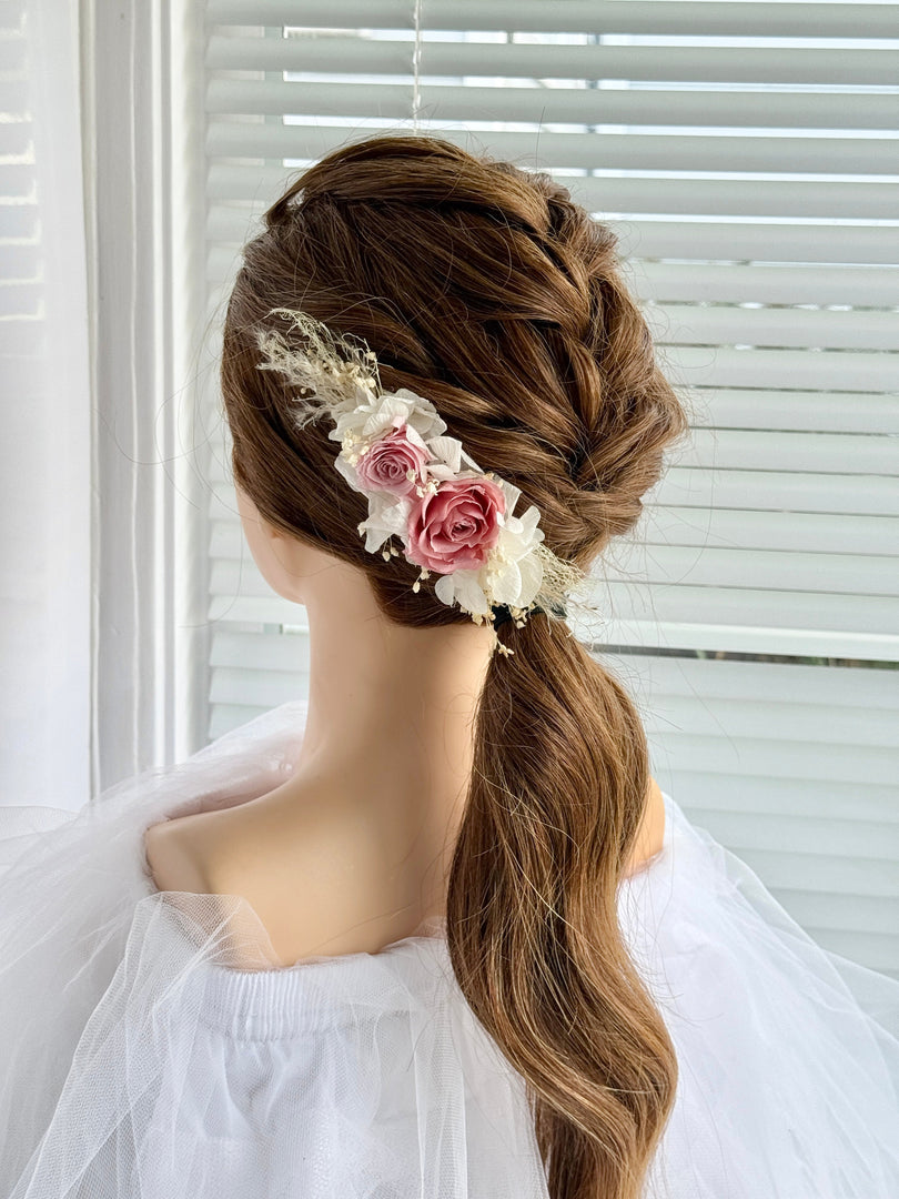 Dusty Pink Rose – Boho Preserved Floral Bridal Hair Comb